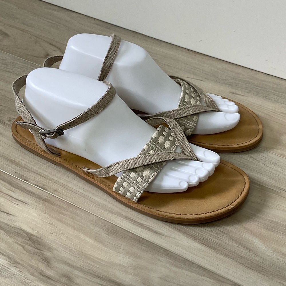 TOMS Sandal Lexie Novelty Oxford Tan Canvas Flats Ankle Strap Size 9.5